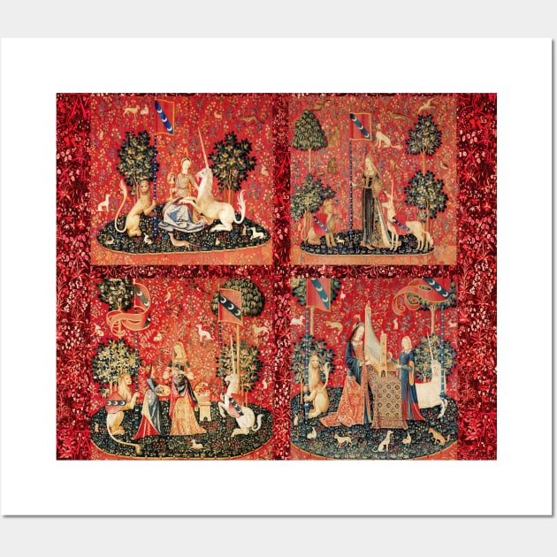 FOUR LADY AND UNICORN STORIES ,Fantasy Flowers,Animals, Red Green Floral Tapestry Wall Art by BulganLumini